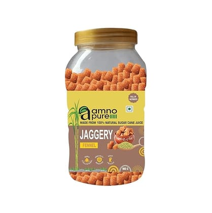 Amno Pure Natural Sugarcane Jaggery With Fennel Seeds 10G Cube | Bheli, Bellam, Sarkkara, Gud, Gur, Cholestrol Free, 100% Natural - 900G Pet Jar