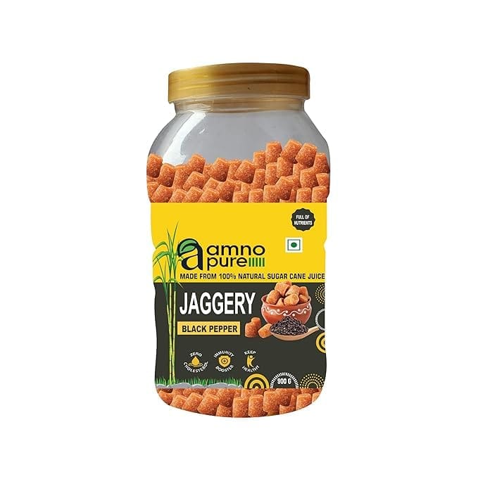 Amno Pure Natural Sugarcane Jaggery With Black Pepper 10G Cube | Bheli, Bellam, Sarkkara, Gud, Gur, Cholestrol Free, 100% Natural - 900G Pet Jar