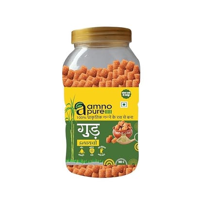 Amno Pure Natural Sugarcane Jaggery With Cardamom 10G Cube | Bheli, Bellam, Sarkkara, Gud, Gur, Cholestrol Free, 100% Natural - 900G Pet Jar