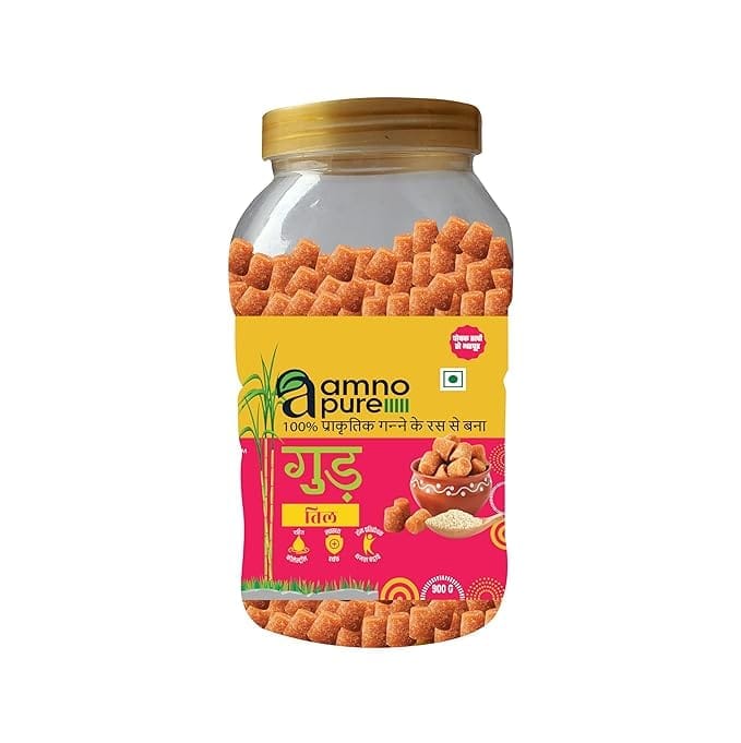 Amno Pure Natural Sugarcane Jaggery With Sesame Seeds 10G Cube | Bheli, Bellam, Sarkkara, Gud, Gur, Cholestrol Free, 100% Natural - 900G Pet Jar