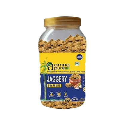 Amno Pure Natural Sugarcane Jaggery Dry Fruit 30G Square | Bheli, Bellam, Sarkkara, Gud, Gur, Cholestrol Free, 100% Natural - 850G Pet Jar