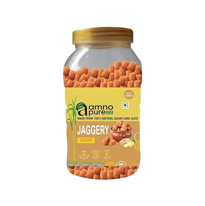 Amno Pure Natural Sugarcane Jaggery With Ginger 10G Cube | Bheli, Bellam, Sarkkara, Gud, Gur, Cholestrol Free, 100% Natural - 900G Pet Jar