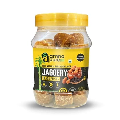 Amno Pure   Natural Sugar Cane Jaggery 10G Cube with Black Pepper | Cholestrol free, Fat free, Full of Nutrients & 100% Natural - 500G Pet Jar