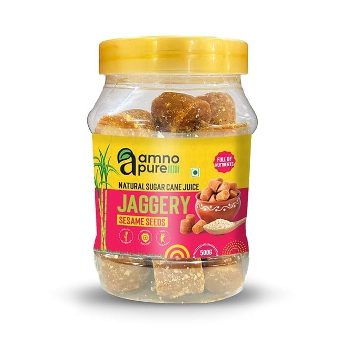 Amno Pure   Natural Sugar Cane Jaggery 10G Cube with Sesame Seeds | Full of Calcium and Other Nutrients & 100% Natural - 500G Pet Jar