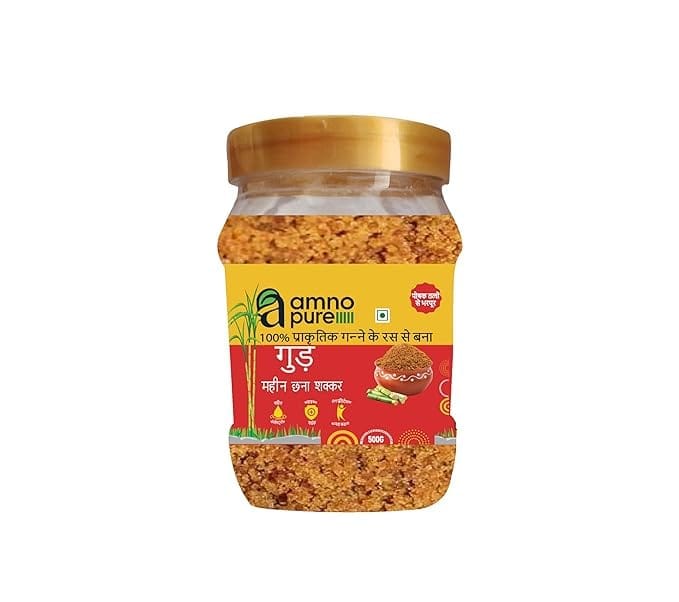 Amno Pure  Natural Sugar Cane Jaggery Powder Fine Filtered | Cholestrol free, Fat free & Ayurvedic and 100% Natural 500G Pet Jar