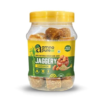 Amno Pure  Natural Sugar Cane Jaggery 10G Cube with Cardamom | Cholestrol free, Fat free, Full of Nutrients & 100% Natural - 500G Pet Jar