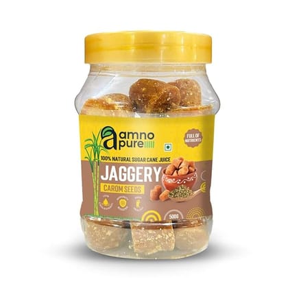 Amno Pure  Natural Sugar Cane Jaggery 10G Cube with Carom Seeds | Cholestrol free, Fat free & 100% Natural - 500G Pet Jar