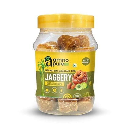 Amno Pure  Natural Sugar Cane Jaggery 10G Cube with Gooseberry | Cholestrol free, Fat free, Full of Nutrinents with Gooseberry Benefits & 100% Natural - 500G Pet Jar