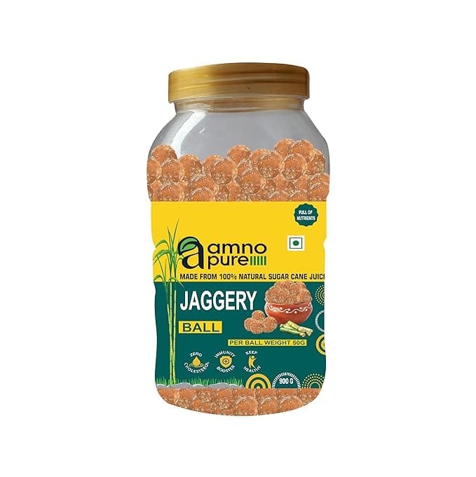 Amno Pure Natural Sugarcane Jaggery Balls 50G | Bheli, Bellam, Sarkkara, Gud, Gur, Cholestrol Free, 100% Natural - 900G Pet Jar