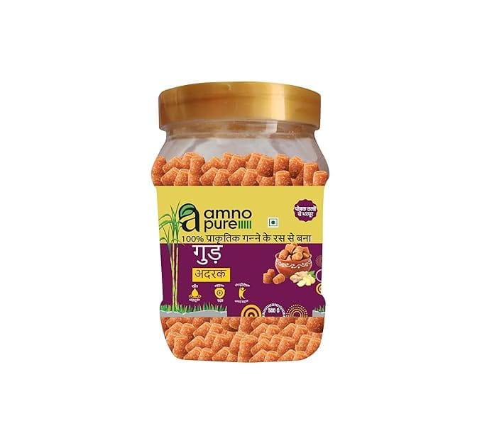 Amno Pure Natural Sugar Cane Jaggery 10G Cube with Ginger | Cholestrol free, Fat free, Full of Nutrients & 100% Natural - 500G Pet Jar