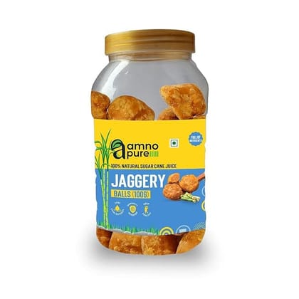 Amno Pure Natural Suagar Cane Jaggery 100G Balls | Cholestrol free, fat free, Full of Nutrients & 100% Natural - 900G Pet Jar