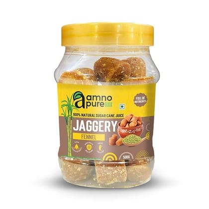 Amno Pure  Natural Sugar Cane Jaggery 10G Cube with Fennel Seeds | Cholestrol free, Fat free, Full of Nutrients & 100% Natural- 500G Pet Jar