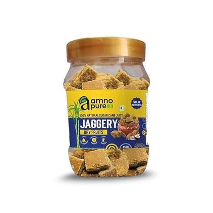 Amno Pure  Natural Sugar Cane Jaggery 30G Square with Assorted Dry Fruits | Cholestrol free, Enriched with Dry Fruits, Full of NUTRIENTS & Ayurvedic and 100% Natural 450G Pet Jar