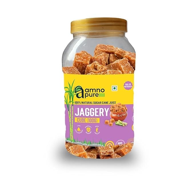 Amno Pure Natural Sugar Cane Jaggery 100G Cube | Cholestrol free, fat free, Full of Nutrients & 100% Natural - 900G Pet Jar