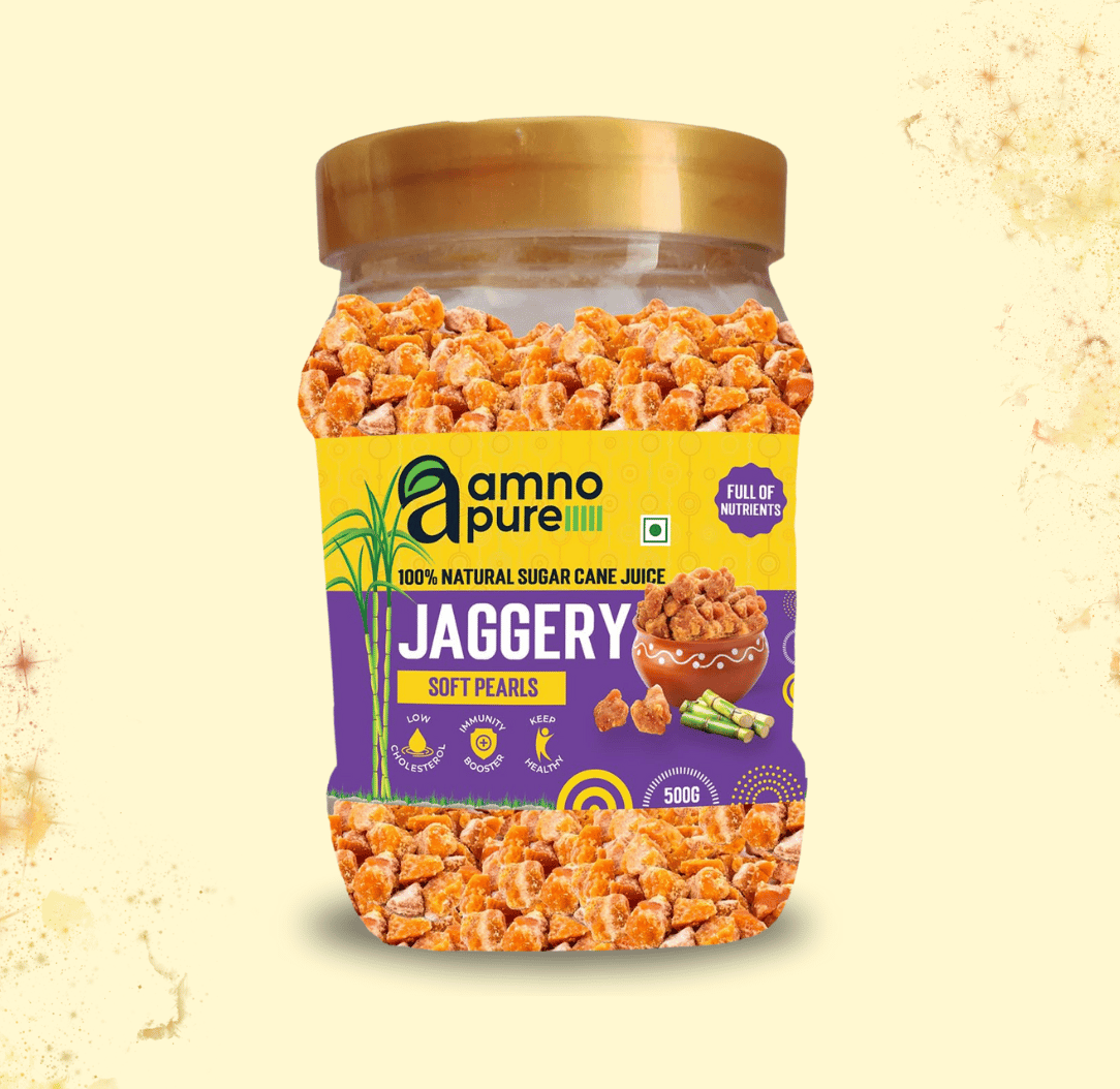 Amno Pure  Natural Sugar Cane Jaggery Soft Pearls | Cholestrol free, Fat free, Ayurvedic & 100% Natural -900G Pet Jar