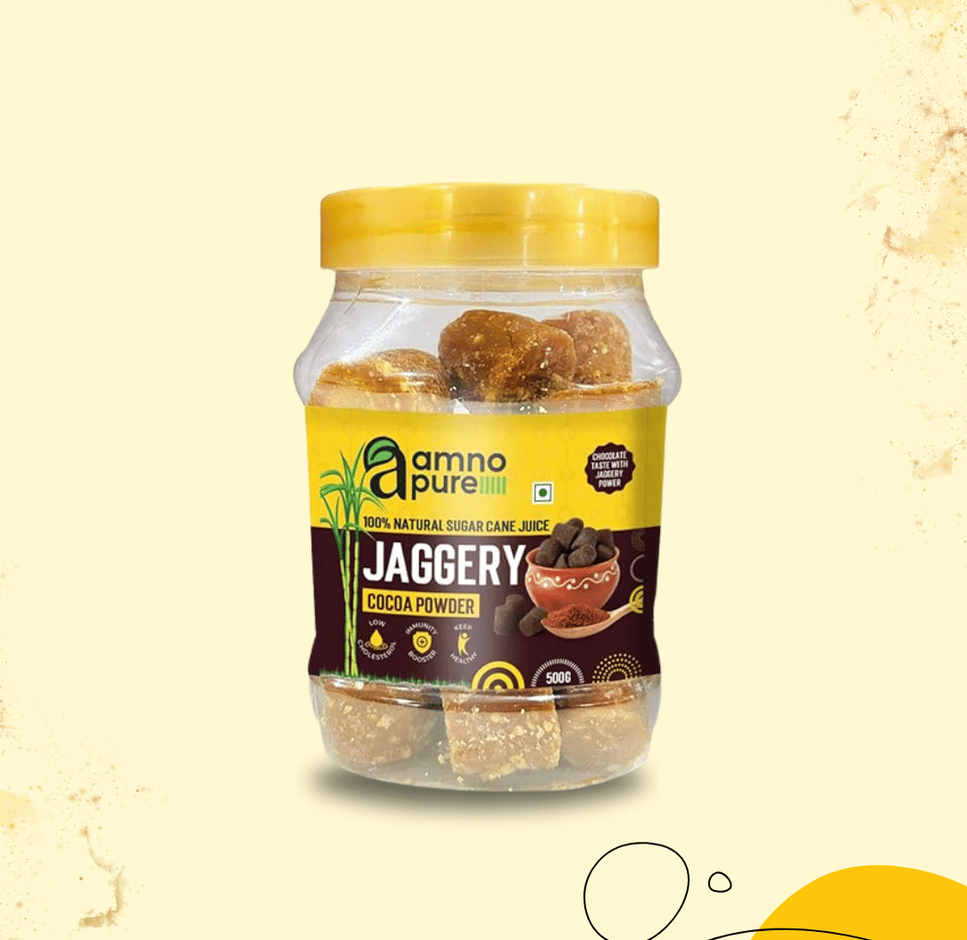 Amno Pure Natural Sugarcane Jaggery With Cocoa 10G Cube | Bheli, Bellam, Sarkkara, Gud, Gur, Cholestrol Free, 100% Natural - 900G Pet Jar