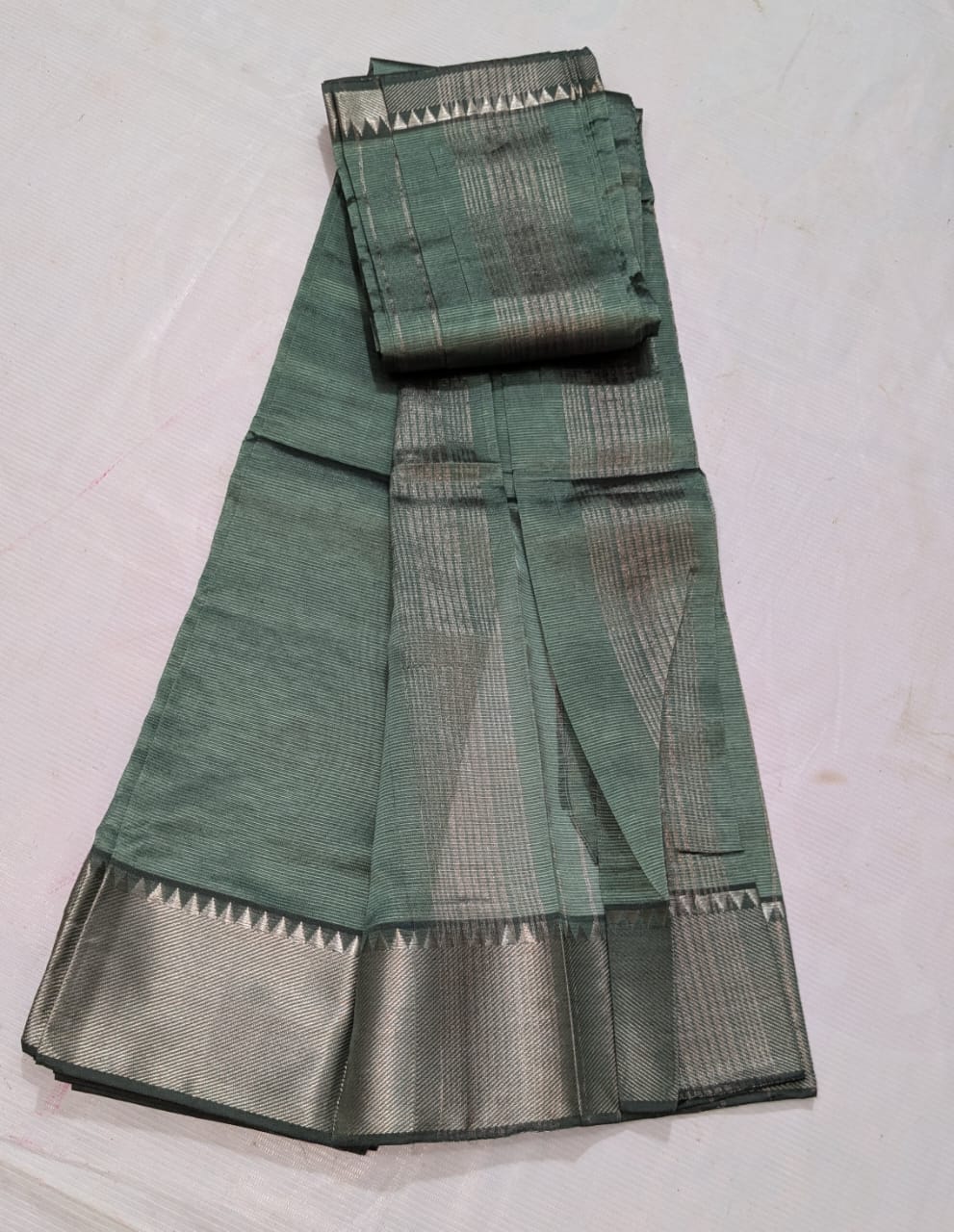  Green Cotton Silk Saree With Silver Zari Border