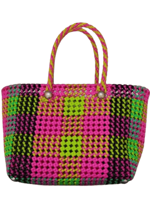 Handwoven Market Tote Bag with Bright Pink, Green, and Black Checkered Pattern