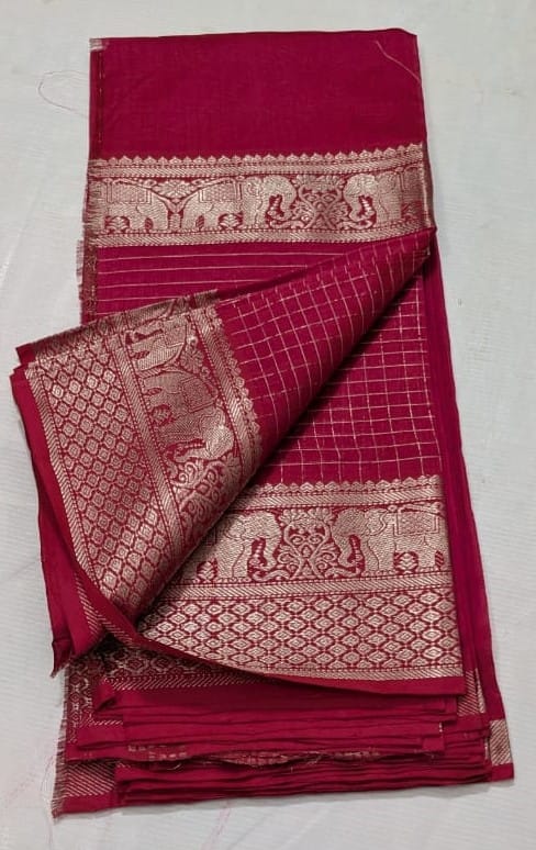 Red Saree With Silver Elephant Motif And Zari Border