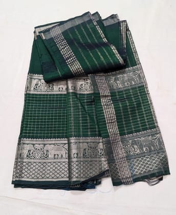  Green and gold zari checks pure cotton saree with elephant motifs