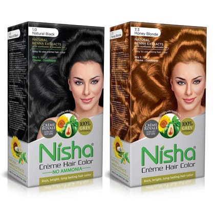 Nisha Creme Hair Color Combo, Pack of 2 Natural Black & Honey Blonde