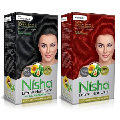 Nisha Creme Hair Color Combo, Pack of 2 Natural Black & Flame Red