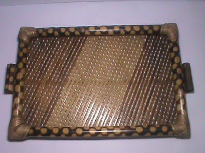  Handwoven Bamboo Serving Tray with Polka Dot Border