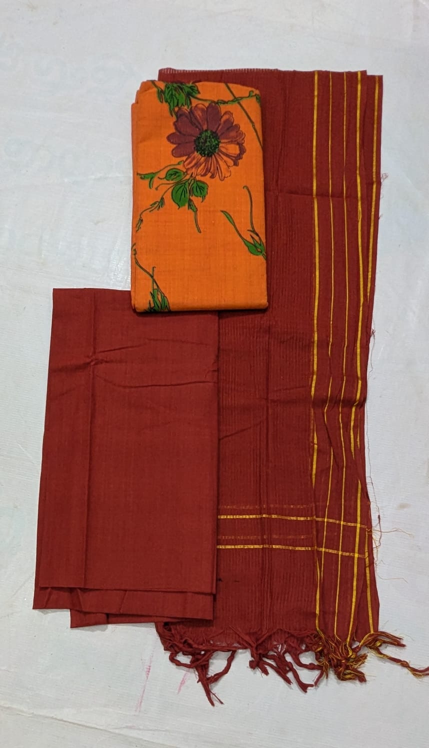  Mustard yellow and maroon cotton printed salwar suit with dupatta