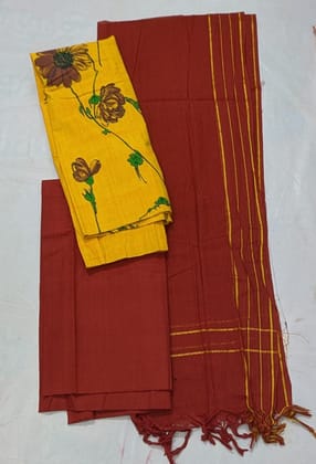  Mustard yellow floral print cotton salwar suit with maroon dupatta