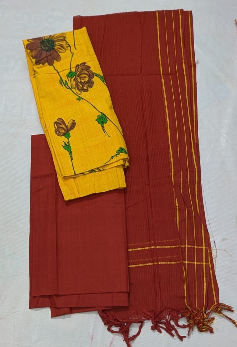  Mustard yellow floral print cotton salwar suit with maroon dupatta