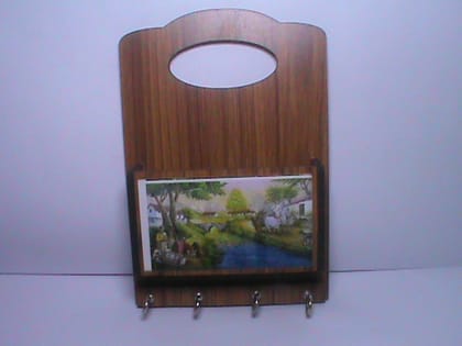  Rustic Wooden Wall Mountable Key Holder with Decorative Landscape Painting