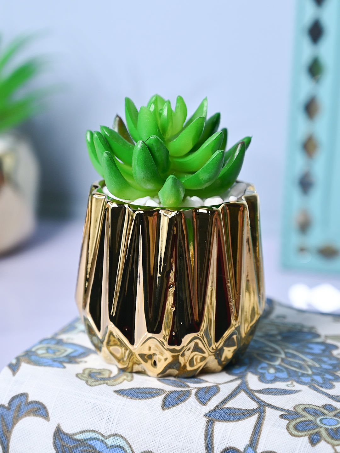 Zigzag Beauty - Glossy Ceramic Pot with Artificial Plant