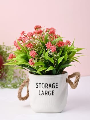 Pink & Green Artificial Flower with Pot - Cylindrical Shape