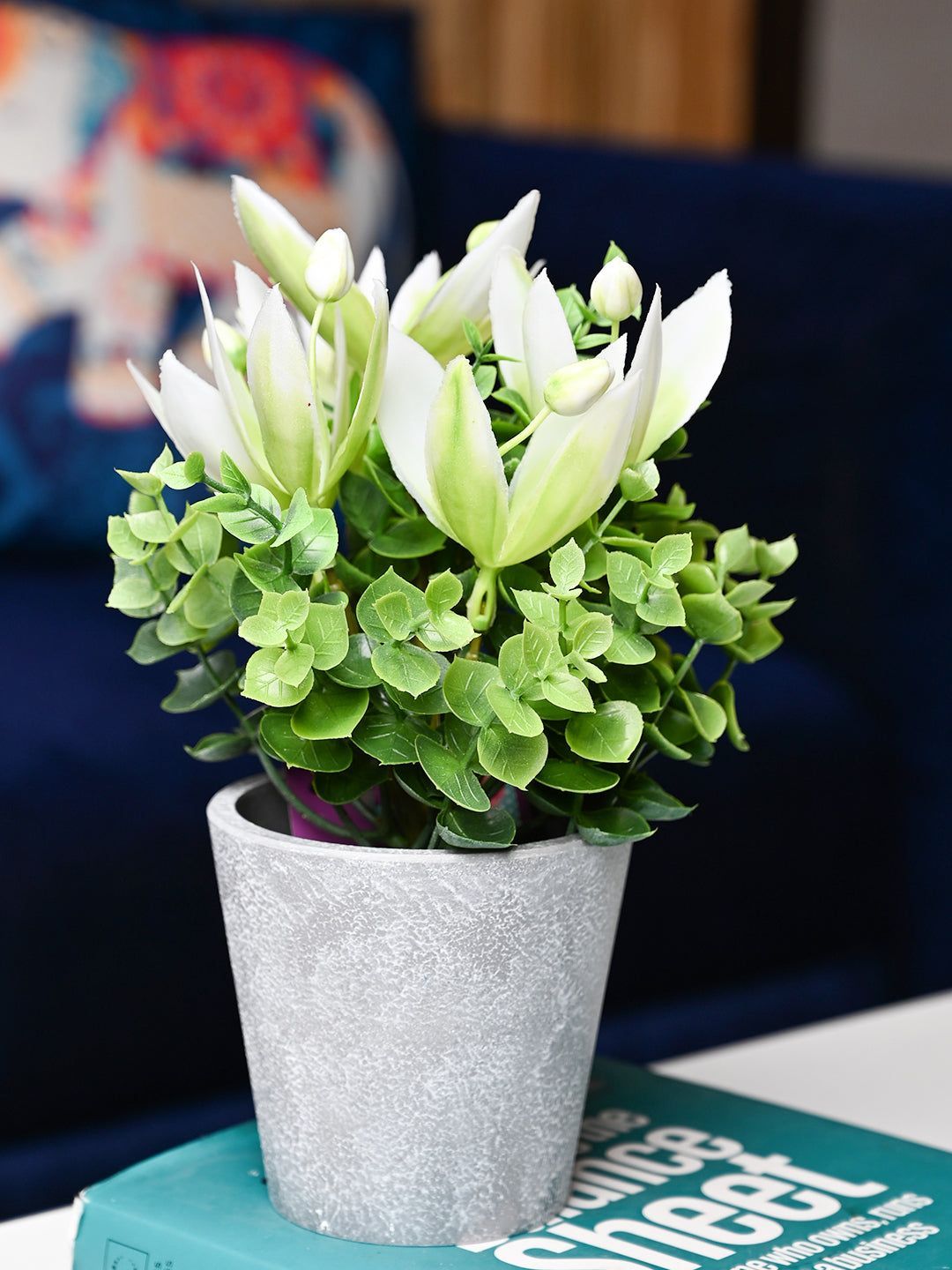 White & Green Artificial Flower with Pot - Cylindrical Shape