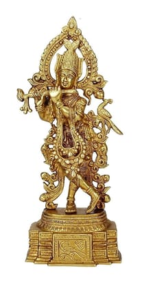 Brass Krishna Religious Idol Figurine Handcrafted Hindu God Sculpture Statue Murti Gift Pooja Home Décor Size-13 Inches Maximalist Spirituality