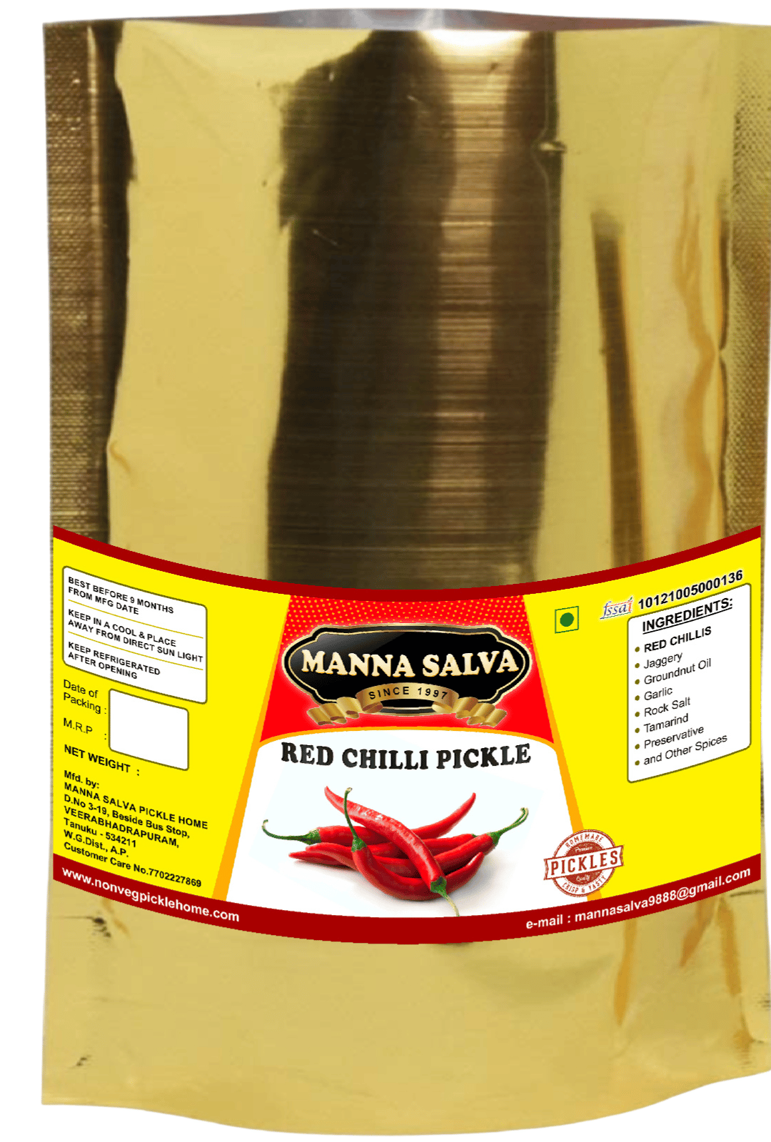 Manna Salva Pickles- Red Chilli Pickle - Veg Pickle