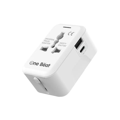 One Beat Worldwide Universal Travel Adapter with Type C, USB A Ports - All-in-One, 100V-250V Plug - International Plug Adapter for Cell Phones, Tablets, Camera (Travel Adapter White)