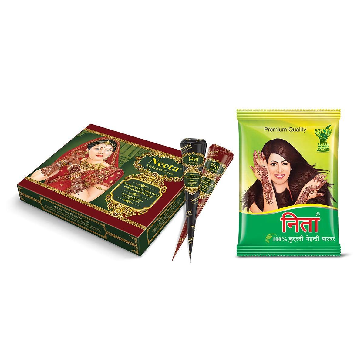 Neeta Mehendi Cones for Hand Designing 12 Pcs and 100% Natural Mehendi Powder for Hair, Hand & Feet 150g