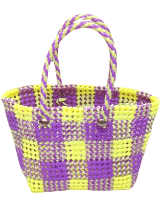 Purple and Yellow Checkered Medium Size Market Bag / Groceru Bag For Multi Purpose Use