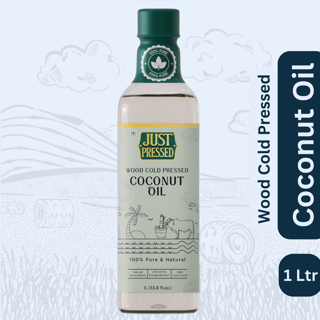 JustPressed Coconut Wood Pressed Oil (Chekku) Cold Pressed Coconut Oil, 100% Pure & Natural Untreated & Unrefined Coconut oil for Healthy Cooking | Kachi Ghani Oil | Wood Cold Pressed Oil | Coconut Oil - 1 litre