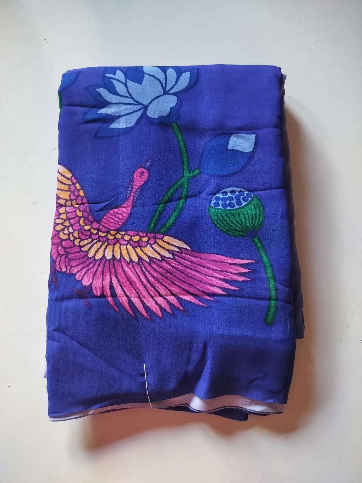  Blue Saree with Pink Peacock and Lotus Print