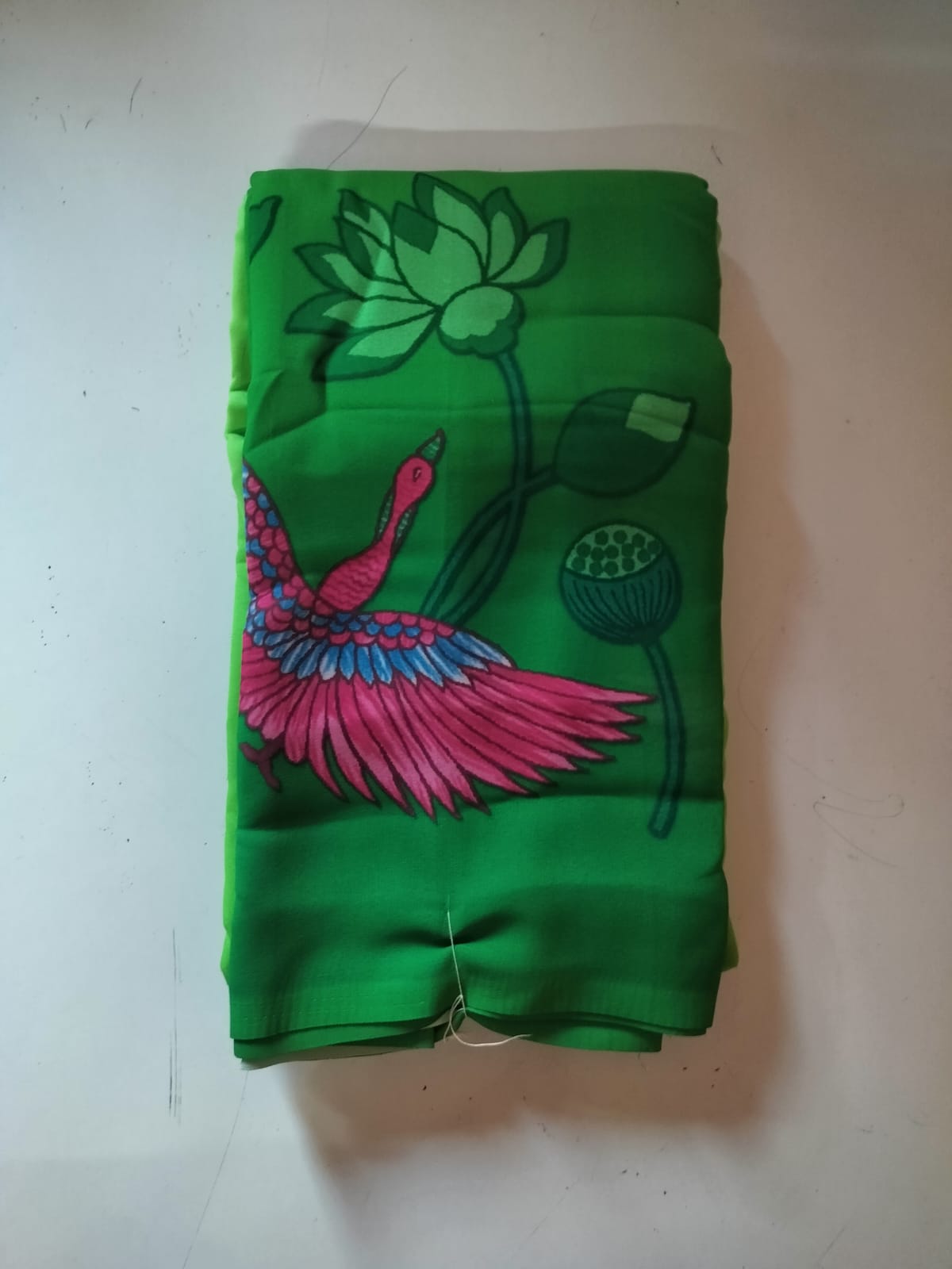  Green Saree With Pink And Blue Bird And Lotus Print