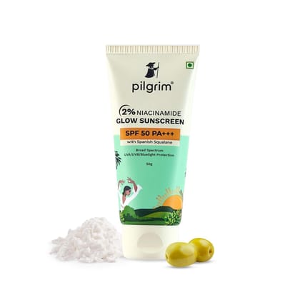 Pilgrim 2% Niacinamide Glow Sunscreen SPF 50 +++ for men and women with Spanish Squalane | Enhances Glow, Broad spectrum, Non-greasy, No white cast & Prevents Tanning | All skin types | 50 gm