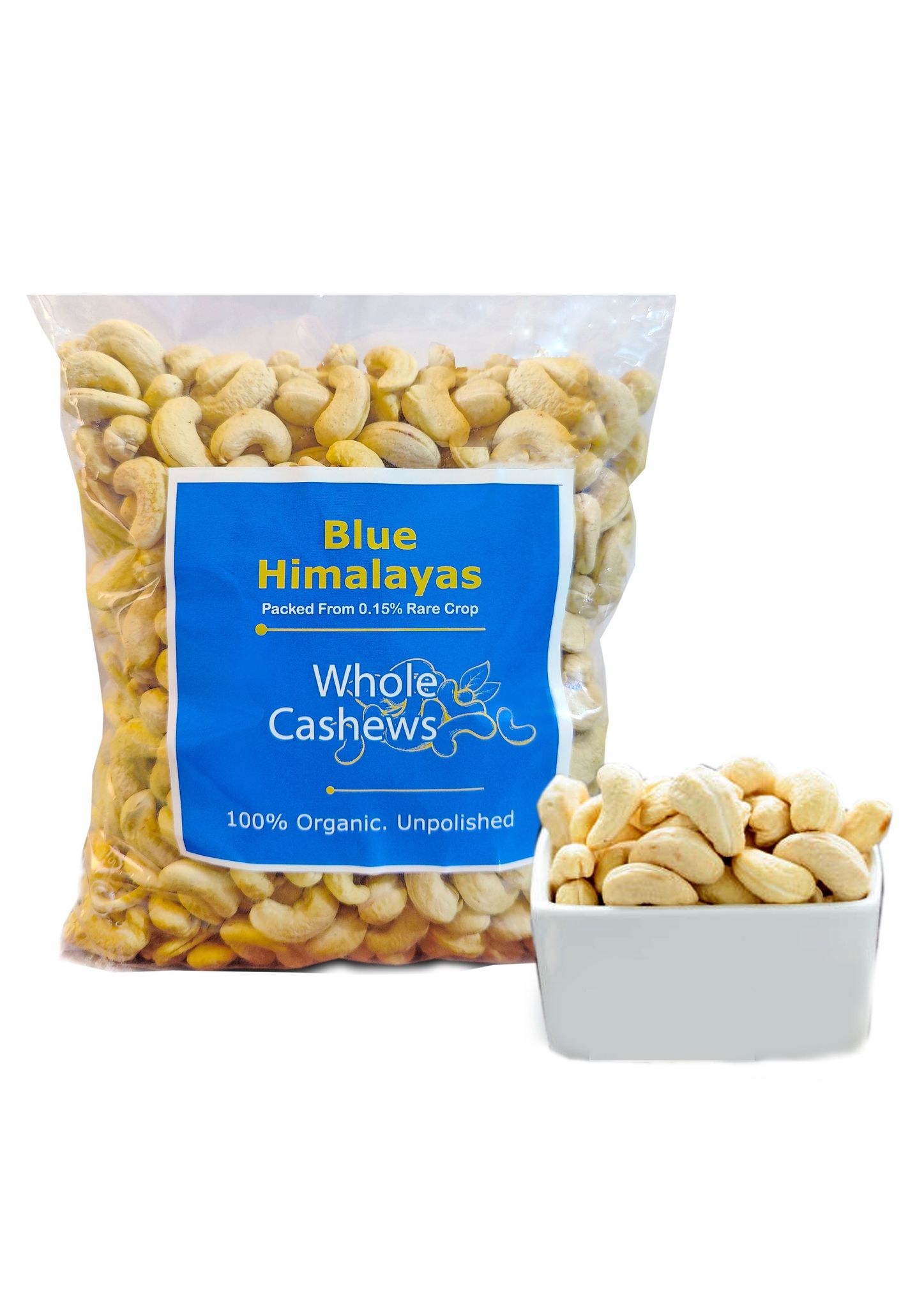 Blue Himalayas Whole Cashews - 100% Organic and Unpolished - Packed from 0.15% Rare Crop 500gm