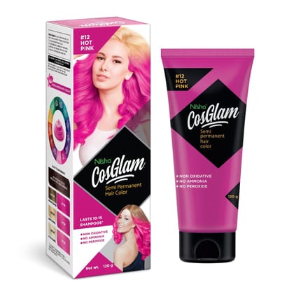 COSGLAM Semi Permanent Hair Color, No Peroxide, Non Oxidative, Ammonia Free Hair Colour 12 Hot Pink - 120gm