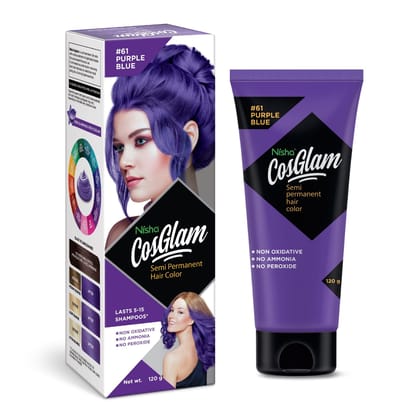 COSGLAM Semi Permanent Hair Color, No Peroxide, Non Oxidative, Ammonia Free Hair Colour 61 Purple Blue - 120gm