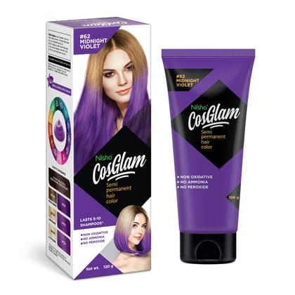 COSGLAM Semi Permanent Hair Color, No Peroxide, Non Oxidative, Ammonia Free Hair Colour 62 Midnight Violet - 120gm