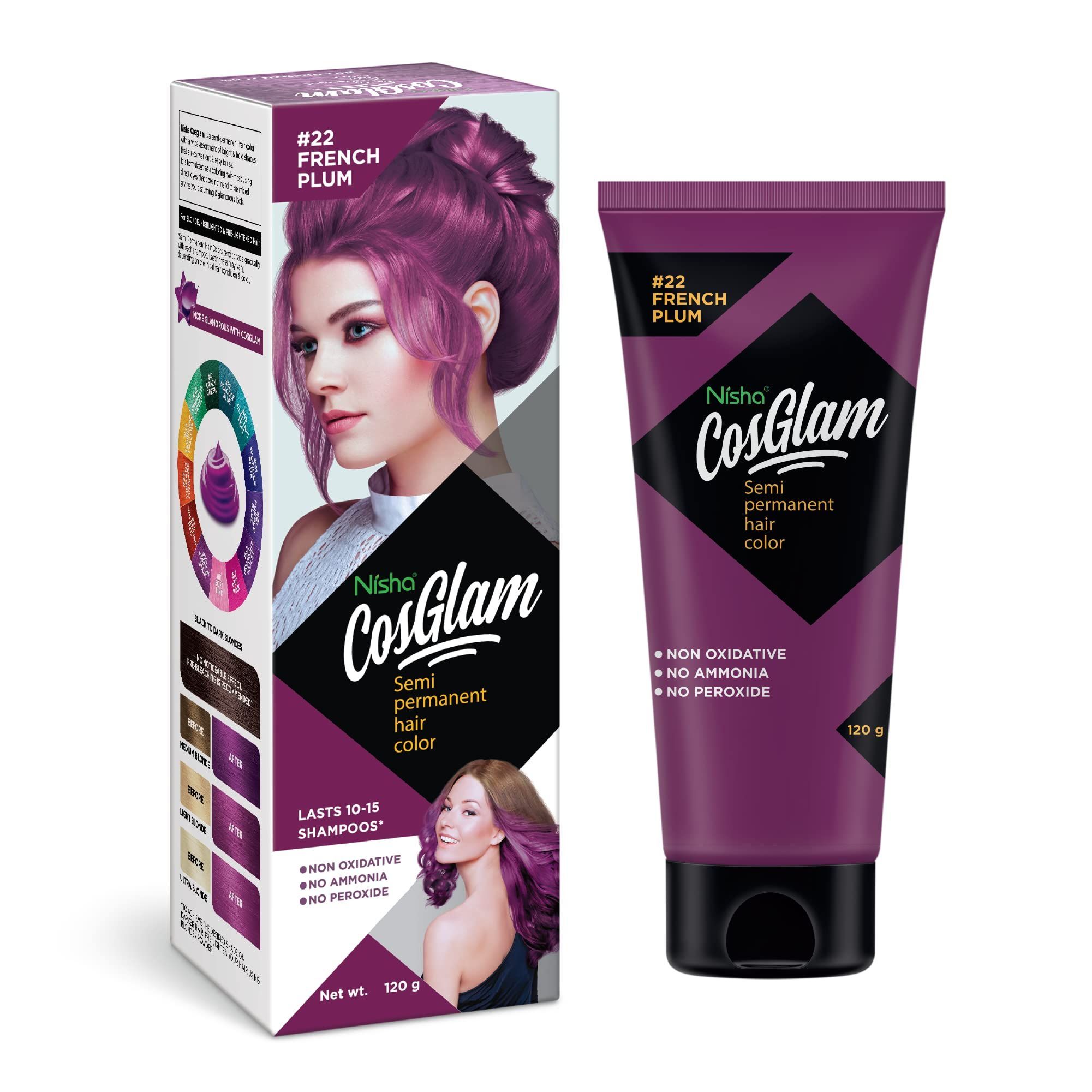 COSGLAM Semi Permanent Hair Color, No Peroxide, Non Oxidative, Ammonia Free Hair Colour 22 French Plum - 120gm