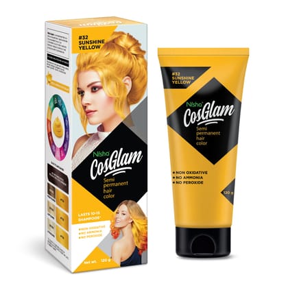 COSGLAM Semi Permanent Hair Color, No Peroxide, Non Oxidative, Ammonia Free Hair Colour 32 Sushine Yellow - 120gm