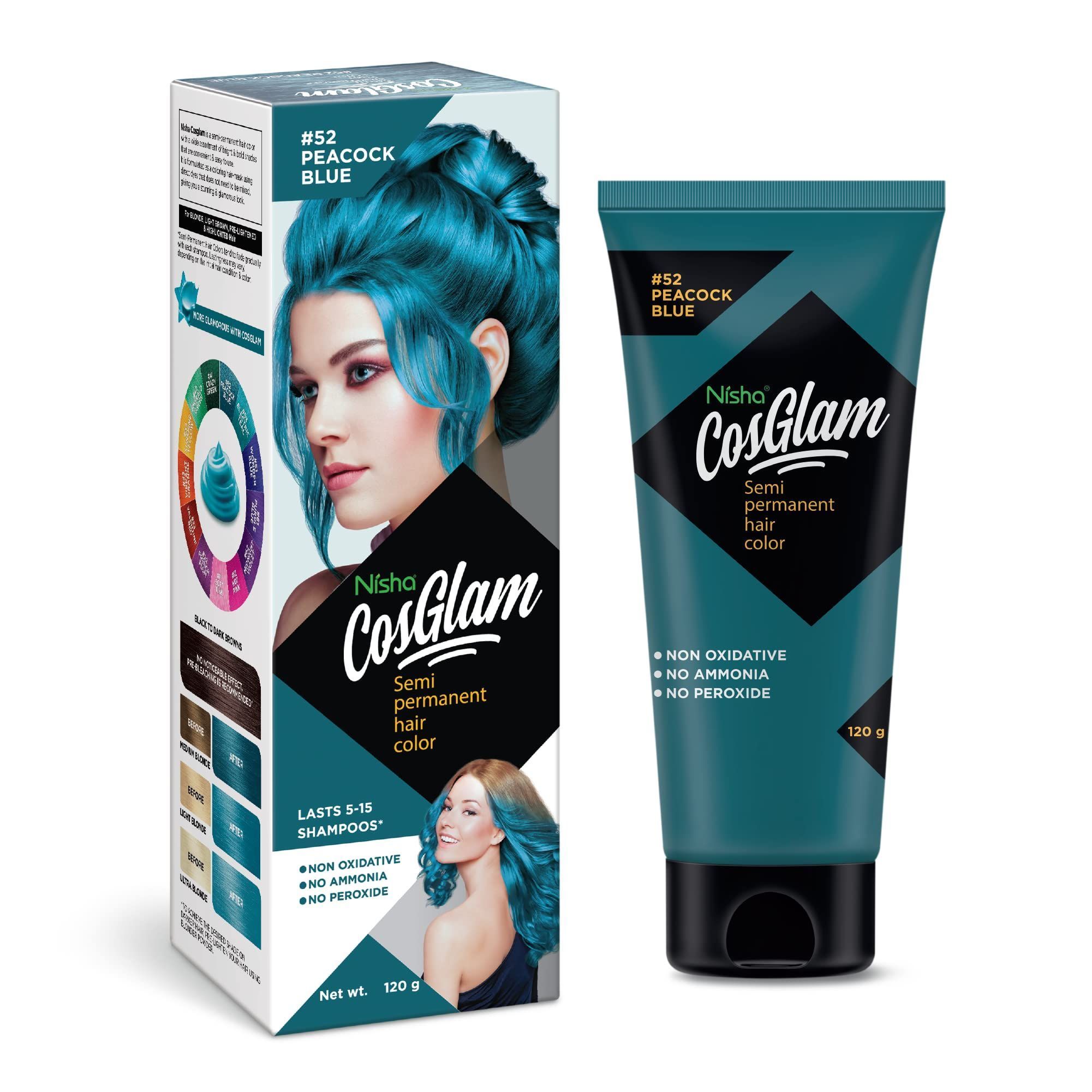 COSGLAM Semi Permanent Hair Color, No Peroxide, Non Oxidative, Ammonia Free Hair Colour 52 Peacock Blue - 120gm